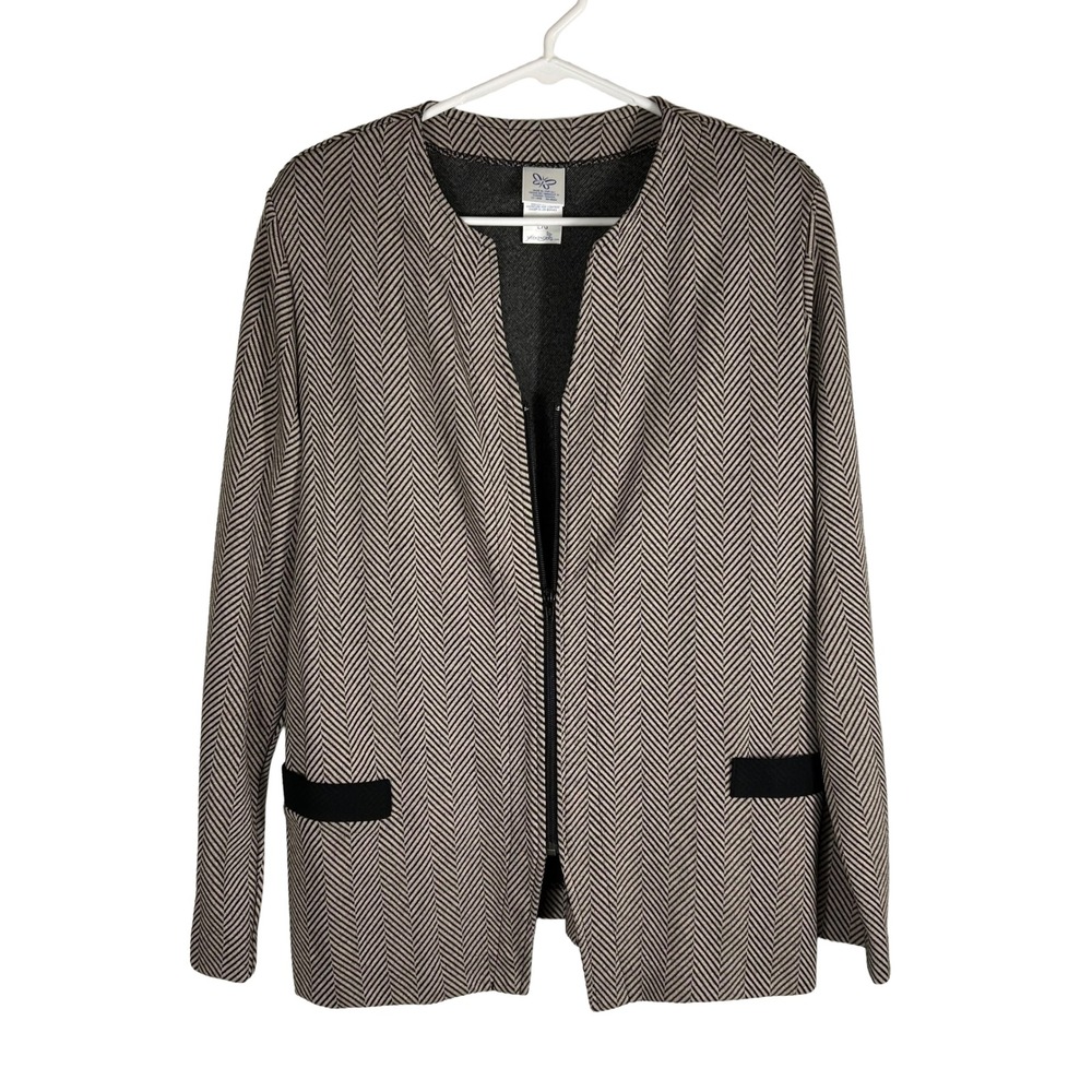 Weekenders Women Tan Black Herringbone Open Front Cardigan Jacket Size Large 514